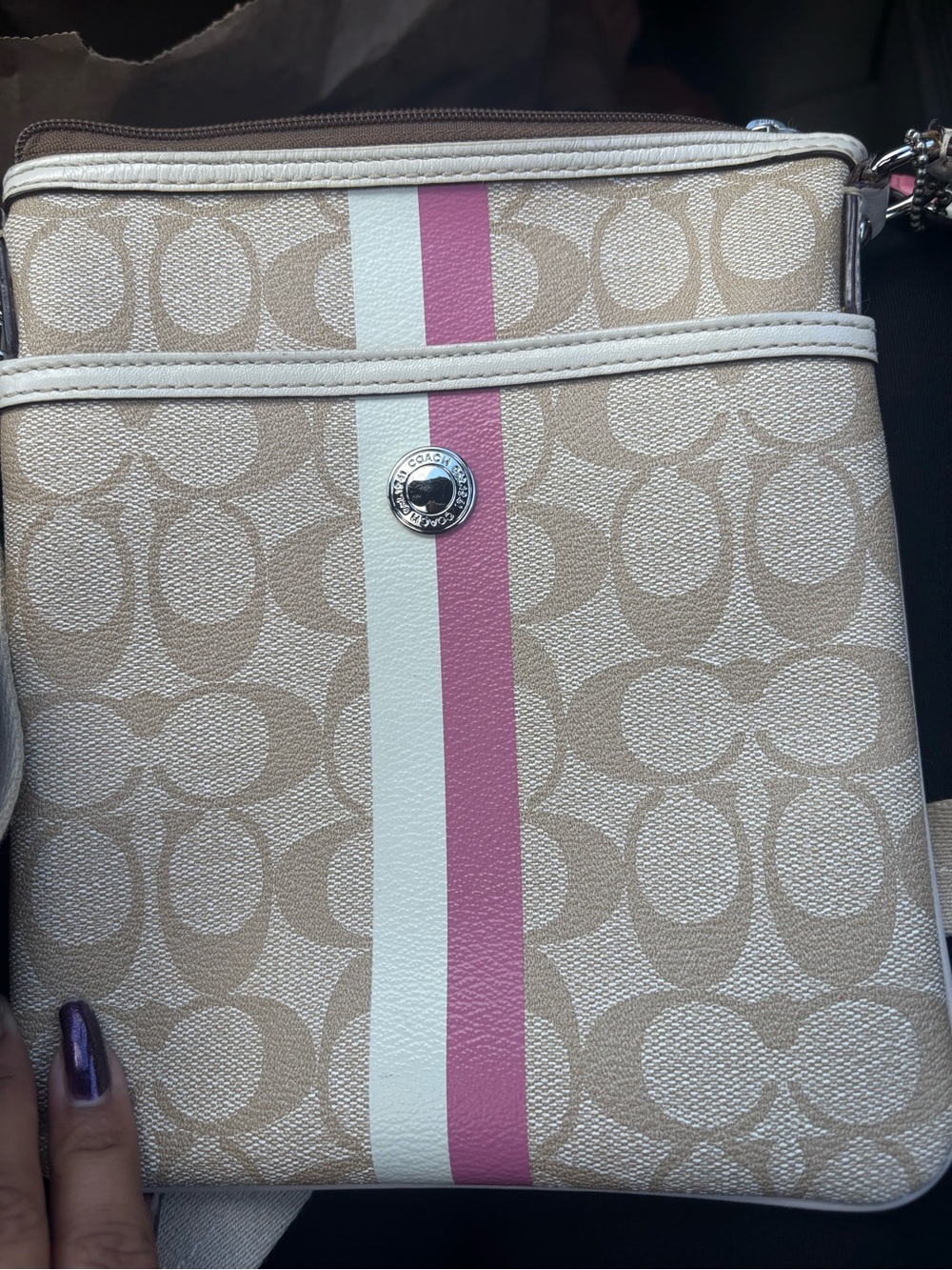 Coach Beige Signature Crossbody with Pink & White Stripe